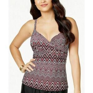 Island Escape Gemini Chevron Tankini Top Underwire PushUp Size 6 New Maroon Teal